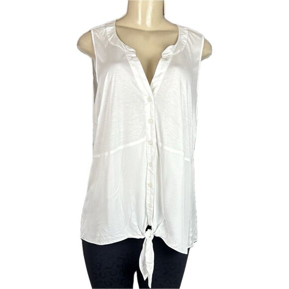 INC International 0X White Split Neckline Button Down Tie Waist Sleeveless Shirt - Picture 2 of 6
